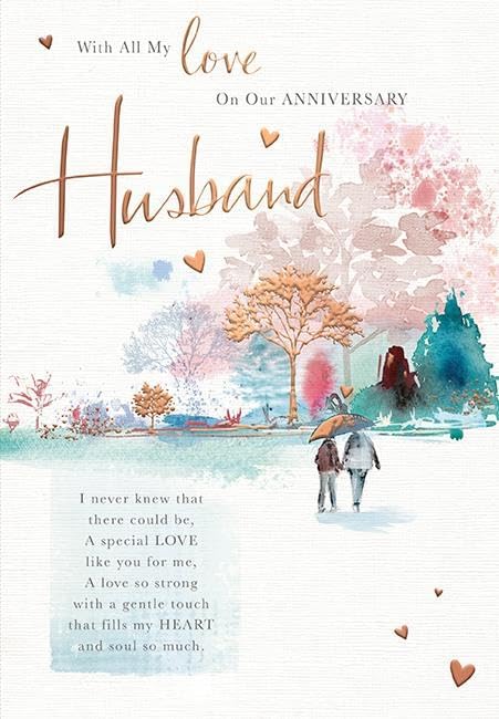 Words & Wishes watercolour woodland walk embossed anniversary greeting card with foil finish for husband, featuring nature scene design.