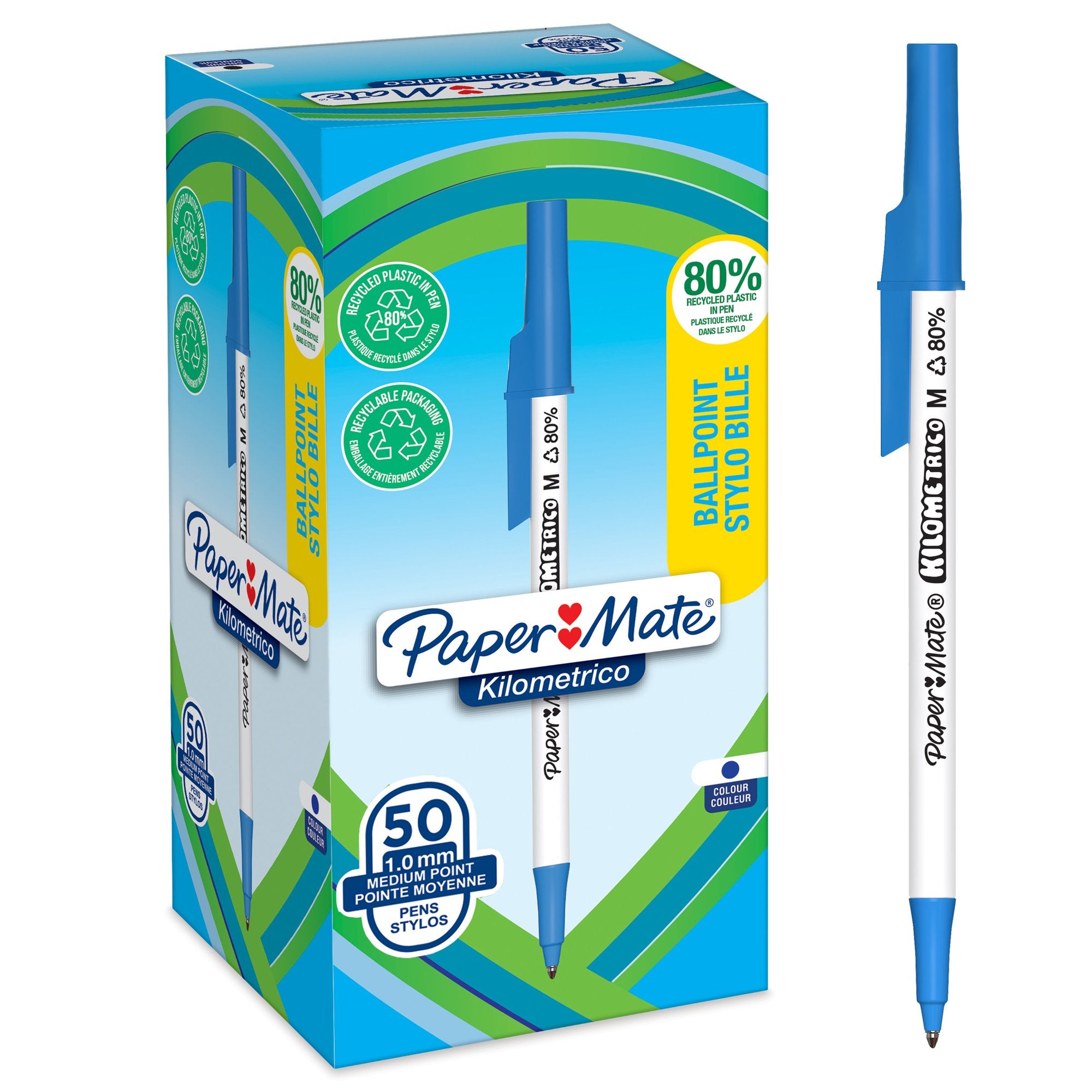 Paper Mate Kilometrico Ballpoint Pen Medium Point 1.0mm Blue 80% recycled Plastic (Pack 50) 2187702