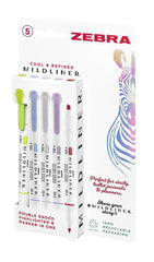 Zebra Mildliner Twin Tip Highlighters – Assorted Cool & Refined Colors, Pack of 5
