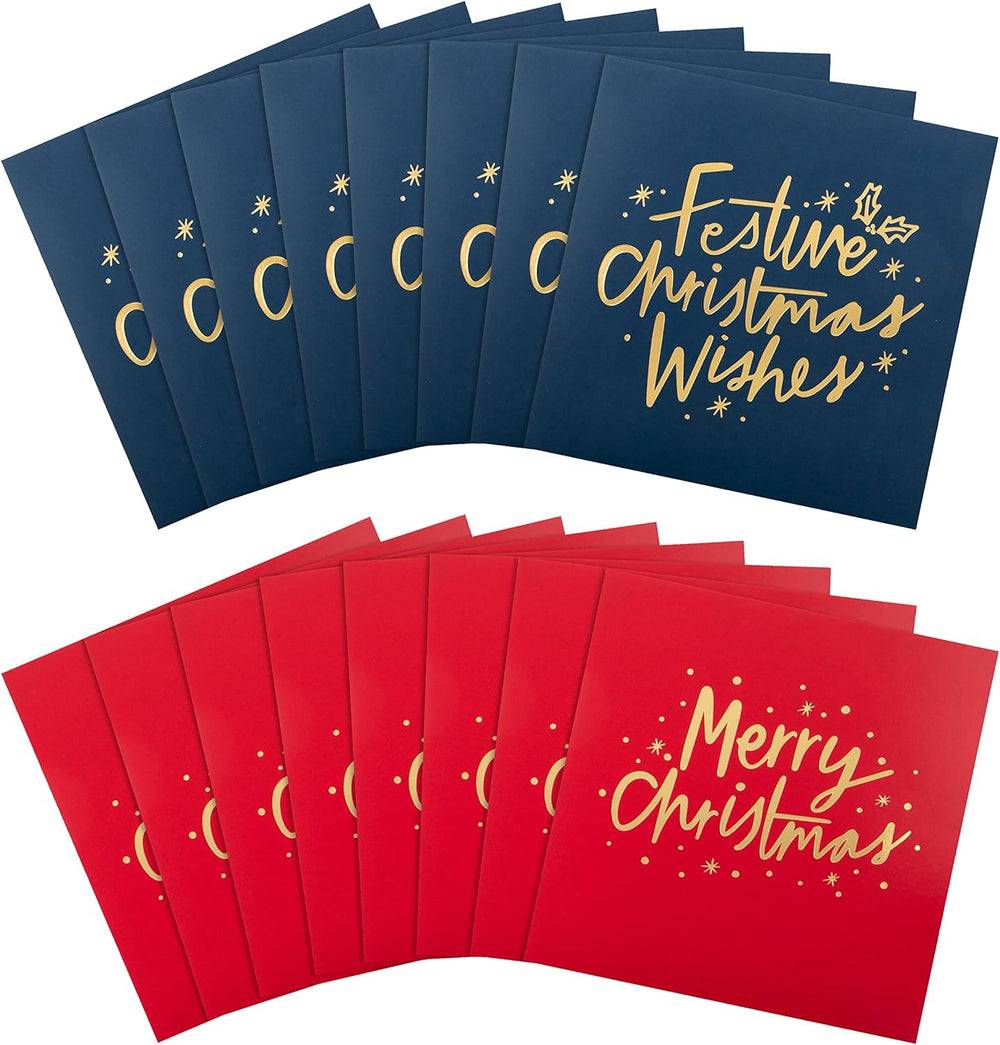 Text Based Gold, Red, Blue Pack of 16 Cards in 2 Designs Multipack Christmas Cards