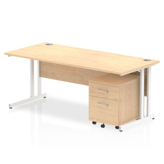 Impulse Cantilever Straight Office Desk W1800 x D800 x H730mm Maple Finish White Frame With 2 Drawer Mobile Pedestal - I003929 DD