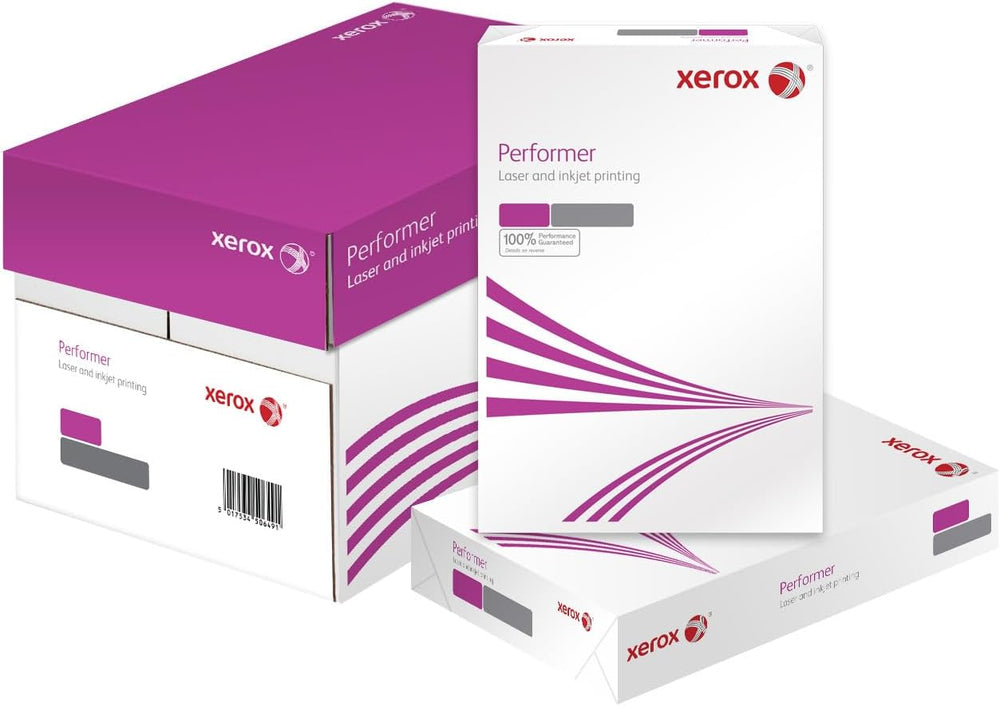 Xerox Performer A4 copier paper, 80gsm, box of 5 reams, 2,500 sheets, suitable for printing and copying.