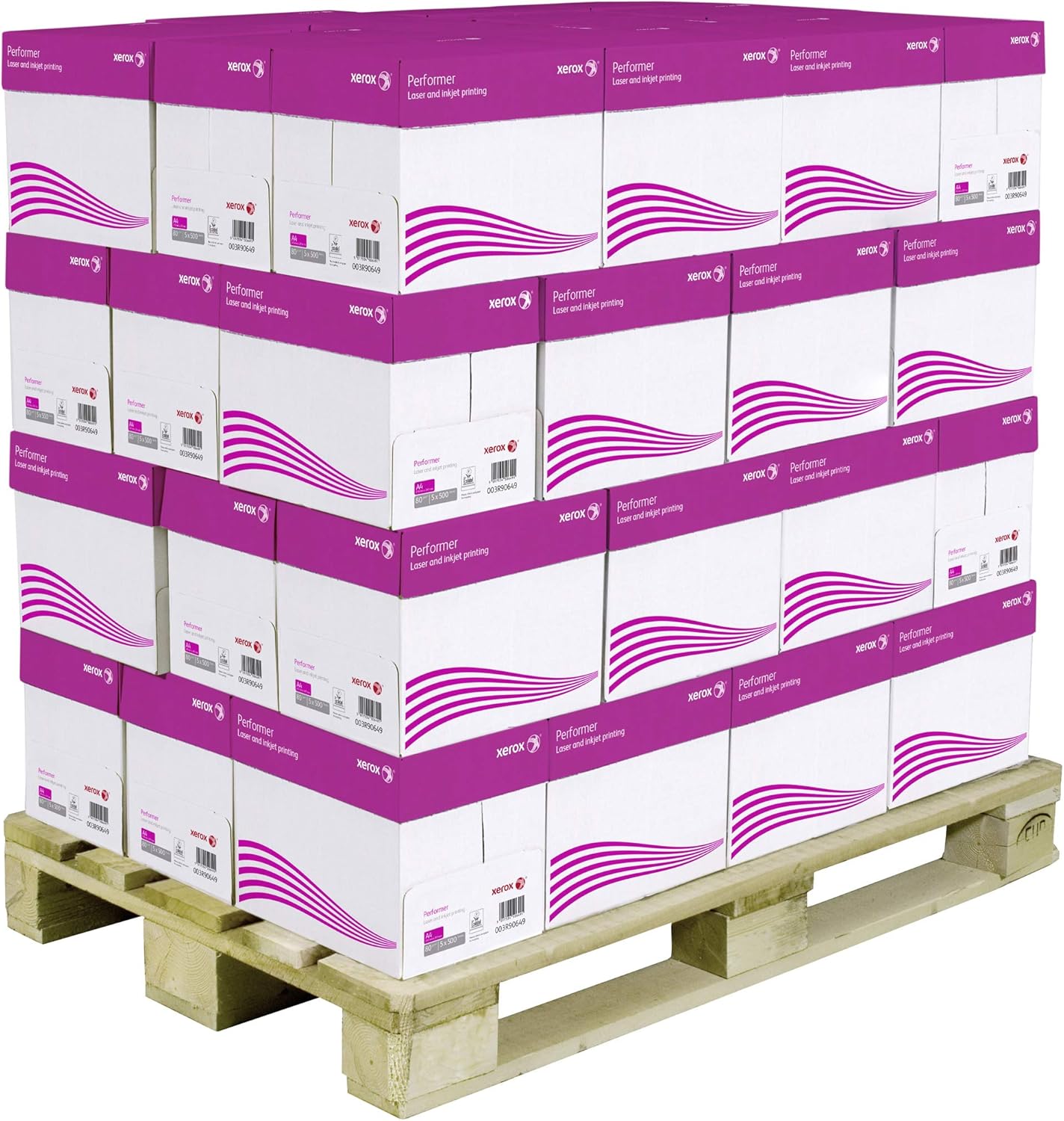 Xerox Performer A4 copier paper 80gsm stacked on pallet, includes 40 boxes with 100,000 sheets for office printing needs.