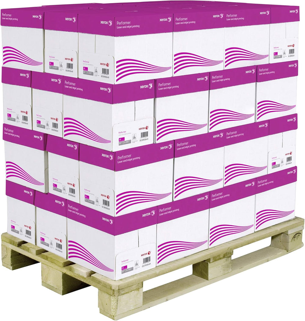 Xerox Performer A4 copier paper 80gsm stacked on pallet, includes 40 boxes with 100,000 sheets for office printing needs.
