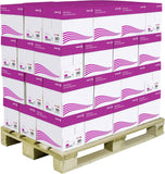 Xerox Performer A4 copier paper 80gsm stacked on pallet, includes 40 boxes with 100,000 sheets for office printing needs.