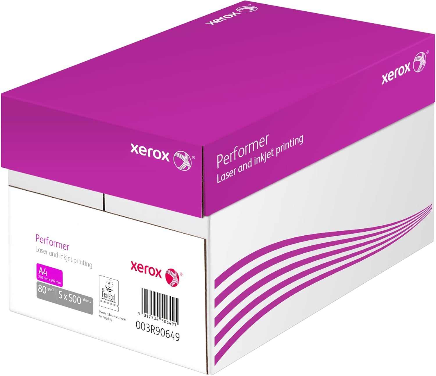 Xerox Performer A4 copier paper 80gsm stacked on pallet with 40 boxes, totaling 100,000 sheets for office printing needs.