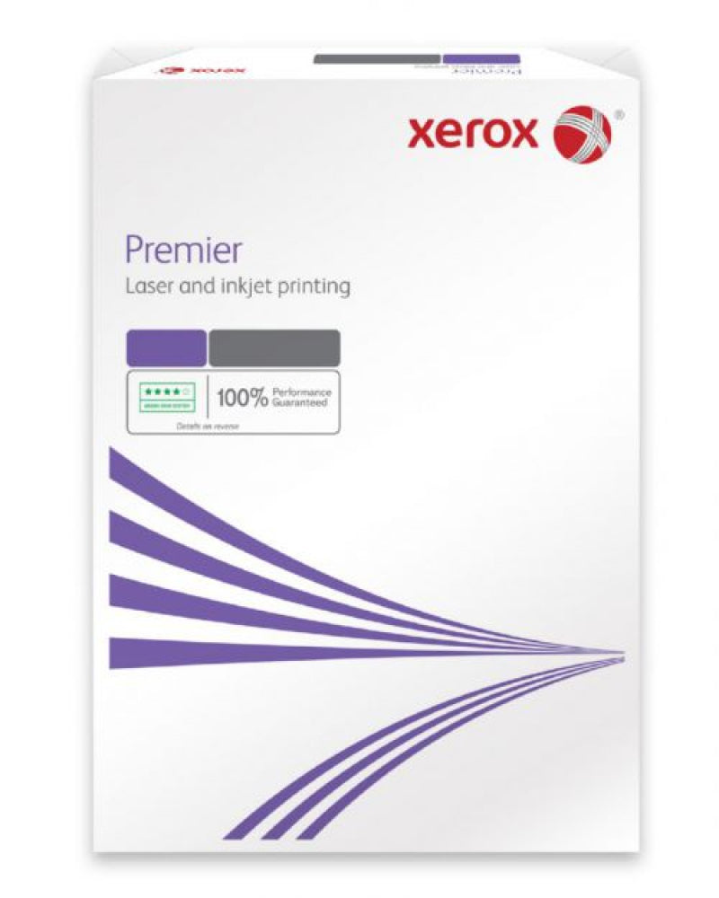Xerox Premier A4 copier paper, 100gsm, 500 sheets, white standard printer paper for office printing and copying.