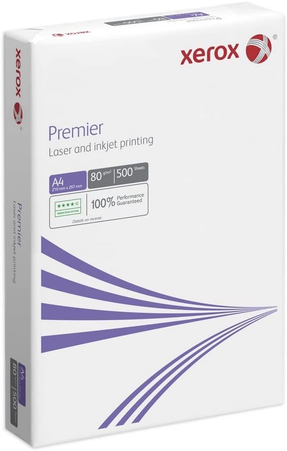 Xerox Premier White A4 Copier Paper 80gsm stacked, showing clean white sheets and Xerox branding on the packaging.