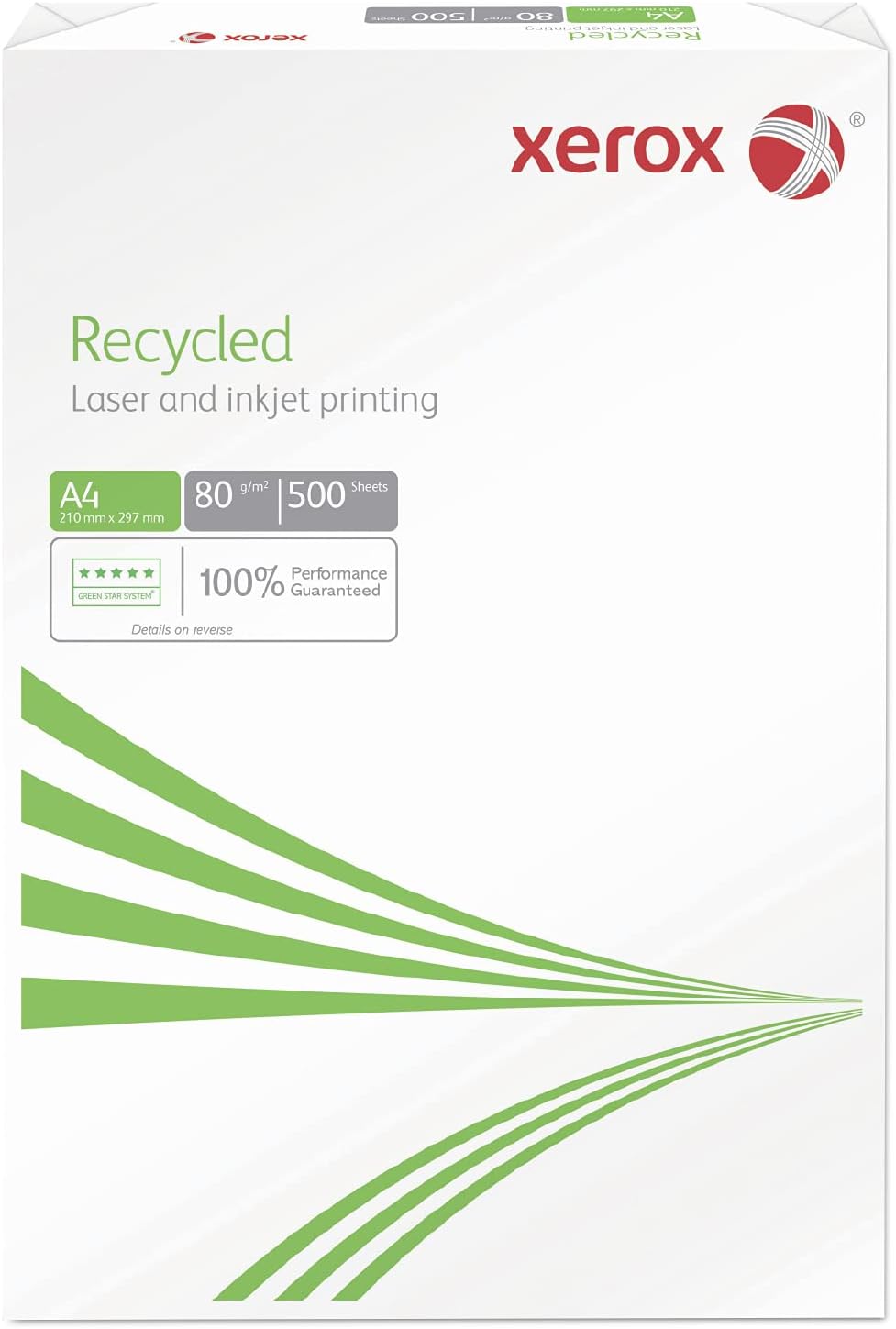Xerox recycled A4 copier paper, 80gsm, 500 sheets, ideal for printing and copying in office and home environments.