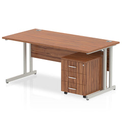 Impulse Cantilever Straight Office Desk W1600 x D800 x H730mm Walnut Finish Silver Frame With 3 Drawer Mobile Pedestal - MI000980 DD