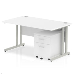 Impulse Cantilever Straight Office Desk W1400 x D800 x H730mm White Finish Silver Frame With 2 Drawer Mobile Pedestal - MI000955 DD