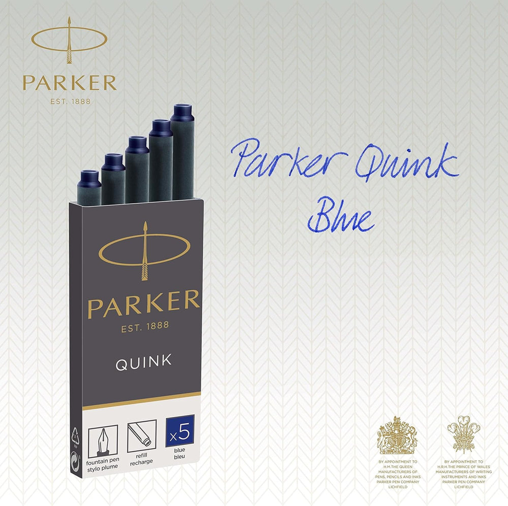 Parker Fountain Pen Ink Refill Cartridges | Long | Blue QUINK Ink | 5 Count