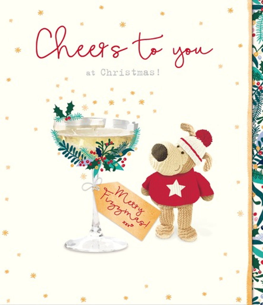 Festive Christmas Greeting Card with Boofle Dog Holding Cocktail Glass Design