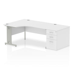 Dynamic Impulse 1600mm Left Crescent Desk White Top Silver Cable Managed Leg Workstation 800mm Deep Desk High Pedestal Bundle I000658 DD