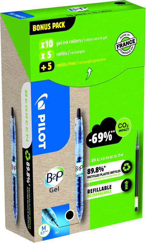 Pilot Begreen B2P Retractable Gel Rollerball Pen Recycled 0.7mm Tip 0.39mm Line Black Greenpack (Pack 10 + 10 Refills) - WLT556190