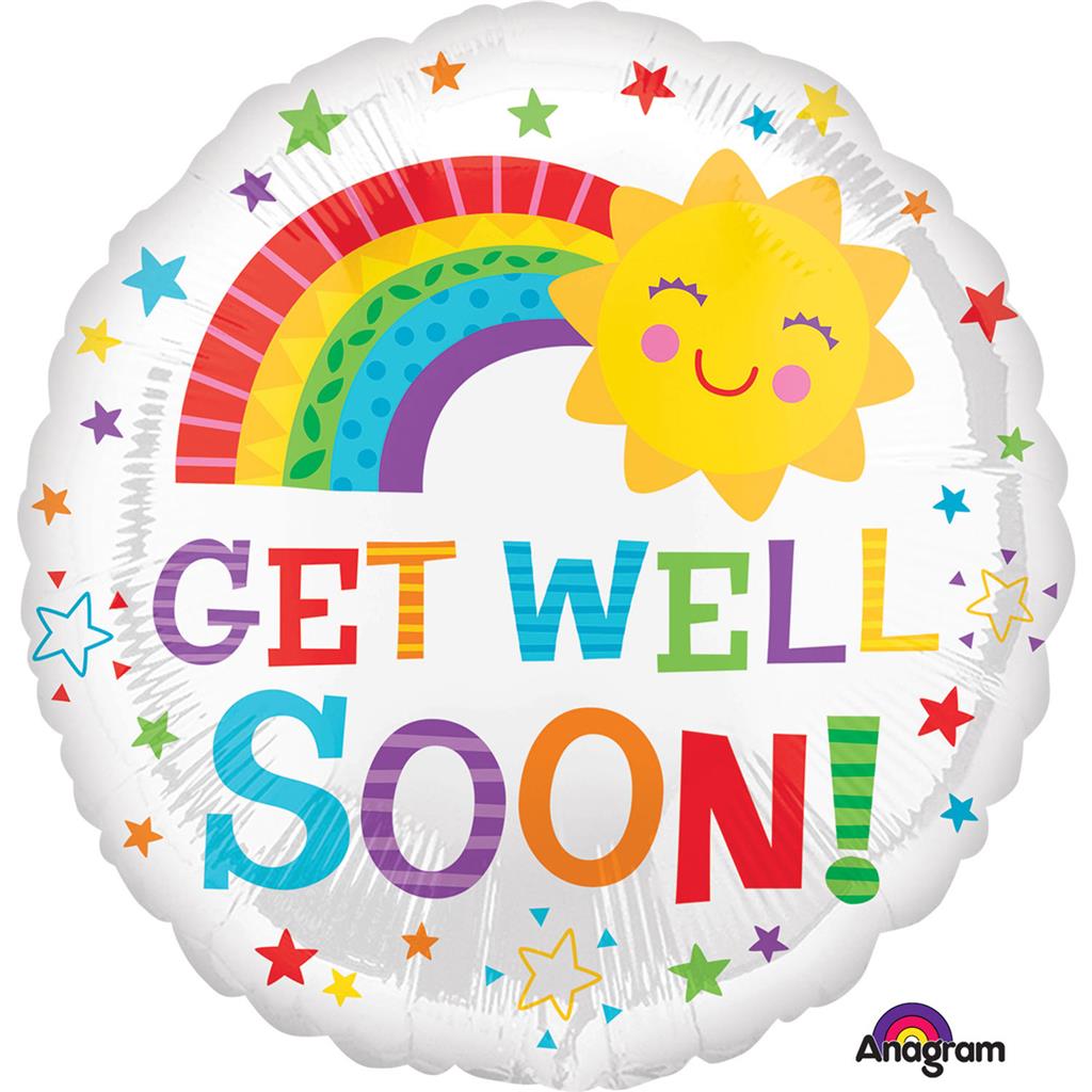Xpress Yourself Get Well Soon round foil balloon with colorful design, perfect for celebrating recovery or conveying well wishes.