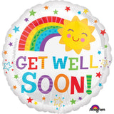 Xpress Yourself Get Well Soon round foil balloon with colorful design, perfect for celebrating recovery or conveying well wishes.