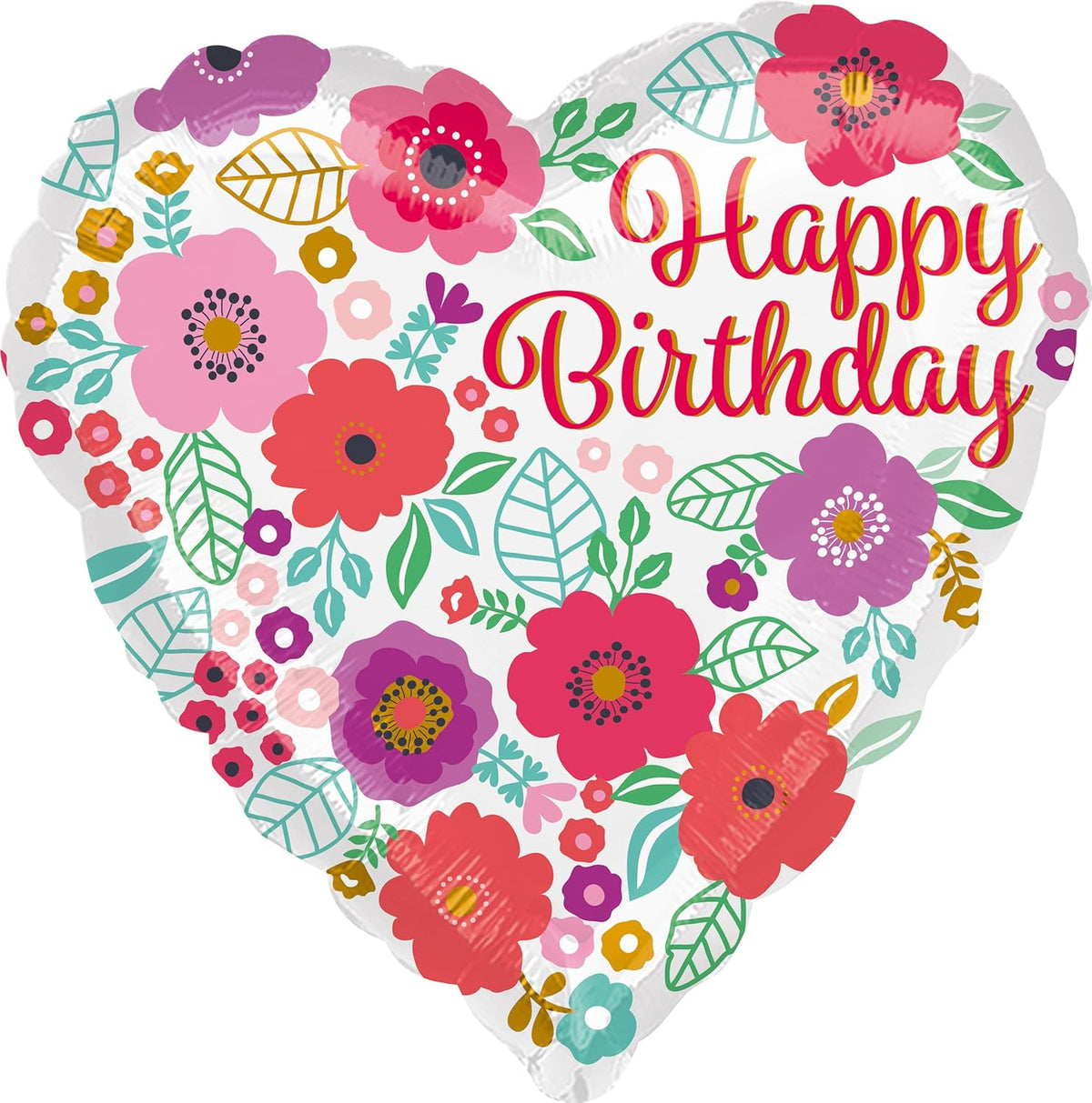 Xpress Yourself Happy Birthday heart-shaped floral print foil balloon with colorful birthday design and shiny metallic finish.
