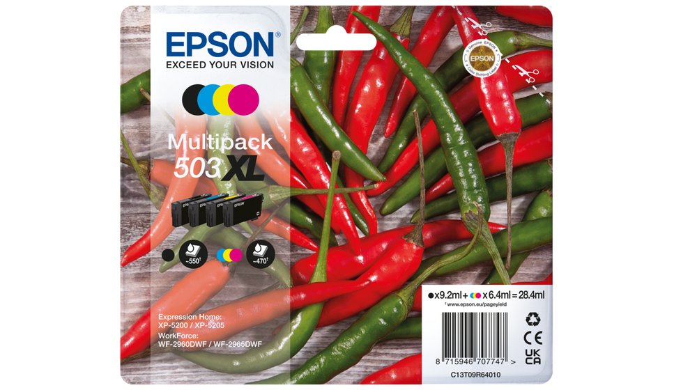 Epson Chillies 503 Black Cyan Magenta Yellow High Capacity Ink Cartridge Multipack 9.2ml + 3 x 6.4ml (Pack 4) - C13T09R94010