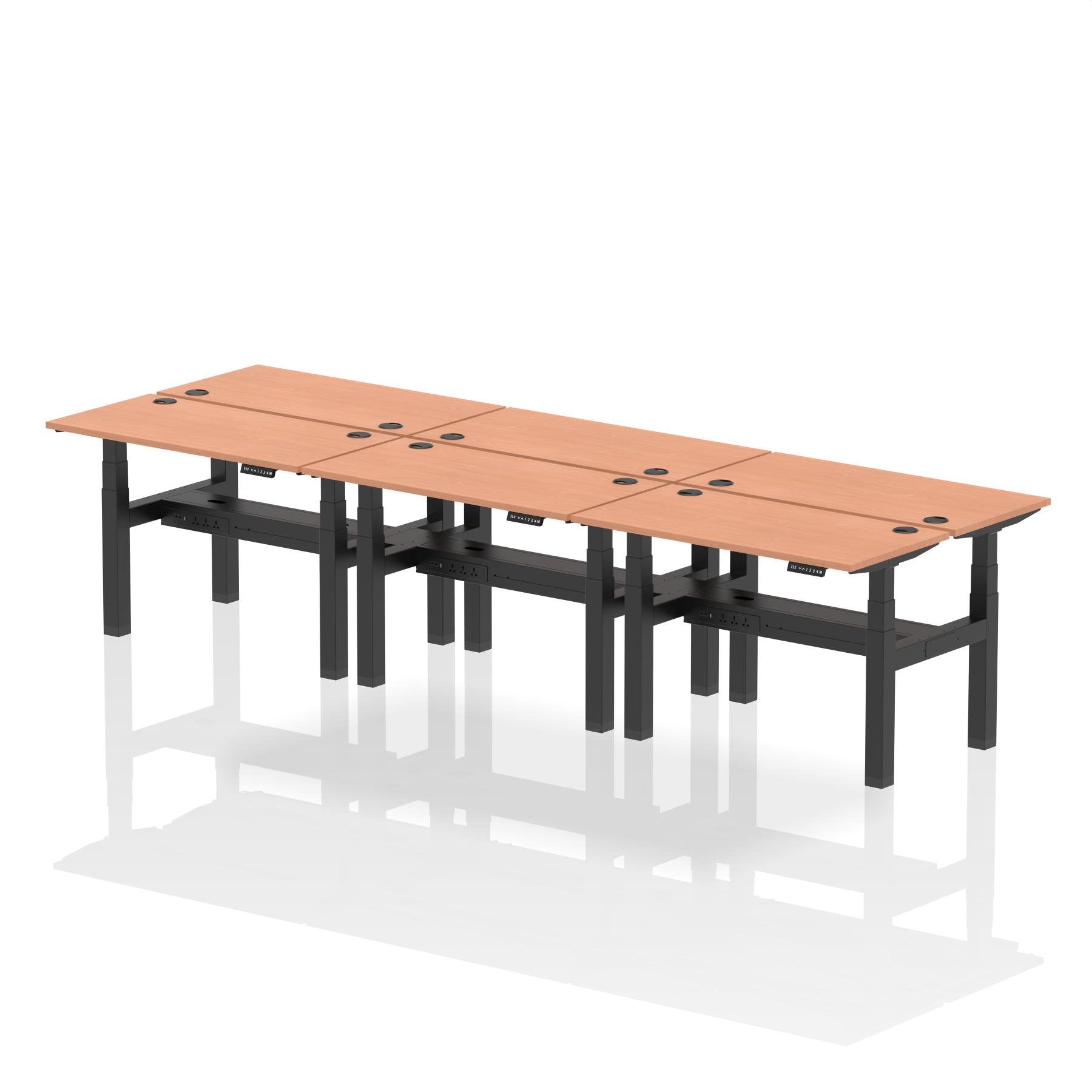 Dynamic Air Back-to-Back W1200 x D600mm Height Adjustable Sit Stand 6 Person Bench Desk With Cable Ports Beech Finish Black Frame - HA01602 DD