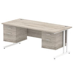 Dynamic Impulse W1800 x D800 x H730mm Straight Office Desk Cantilever Leg With 2x2 Drawer Double Fixed Pedestal Grey Oak Finish White Frame - I003523 DD