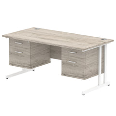Dynamic Impulse W1600 x D800 x H730mm Straight Office Desk Cantilever Leg With 2x2 Drawer Double Fixed Pedestal Grey Oak Finish White Frame - I003498 DD