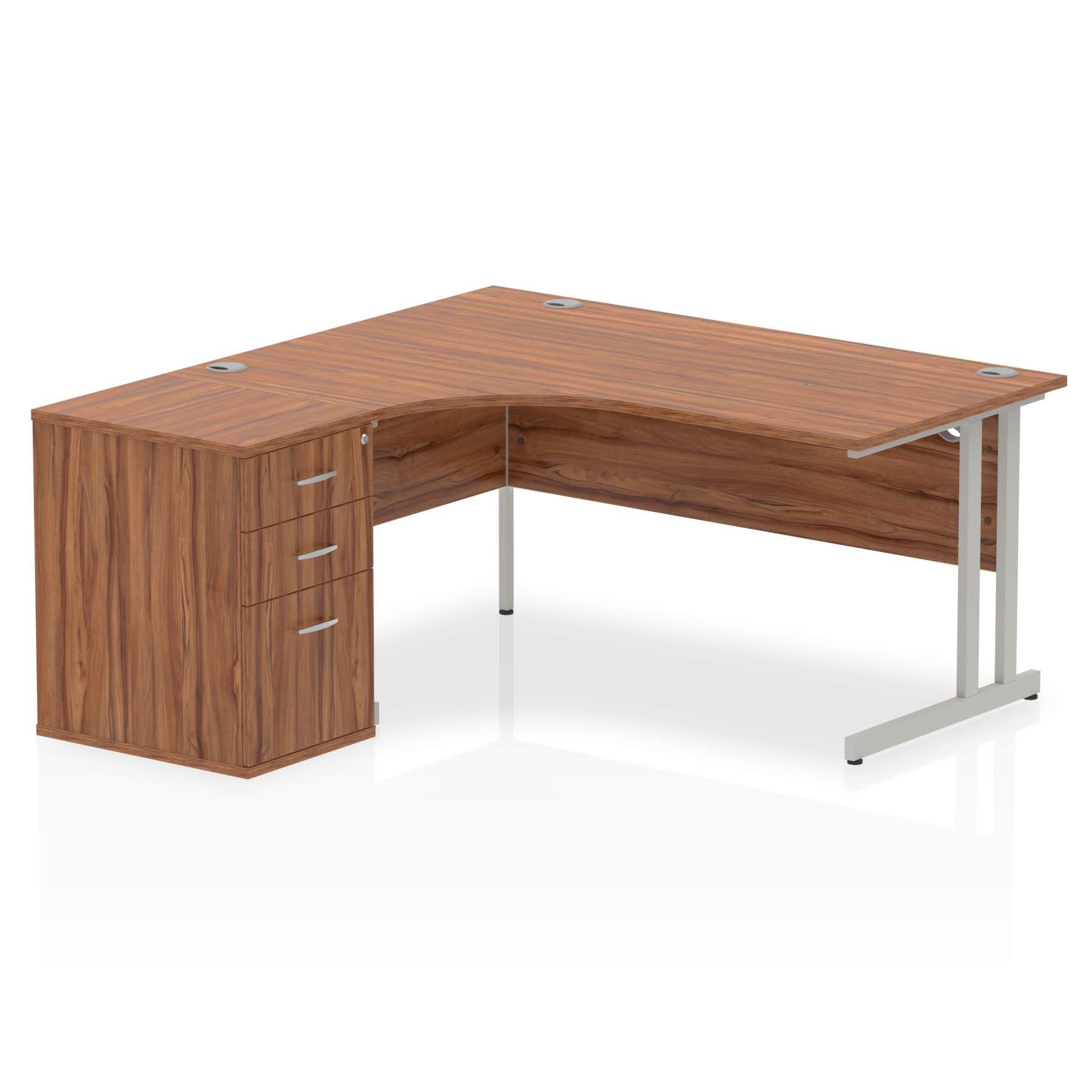 Dynamic Impulse 1600mm Left Crescent Desk Walnut Top Silver Cantilever Leg Workstation 600mm Deep Desk High Pedestal Bundle I000539 DD