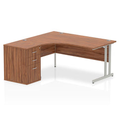 Dynamic Impulse 1600mm Left Crescent Desk Walnut Top Silver Cantilever Leg Workstation 600mm Deep Desk High Pedestal Bundle I000539 DD