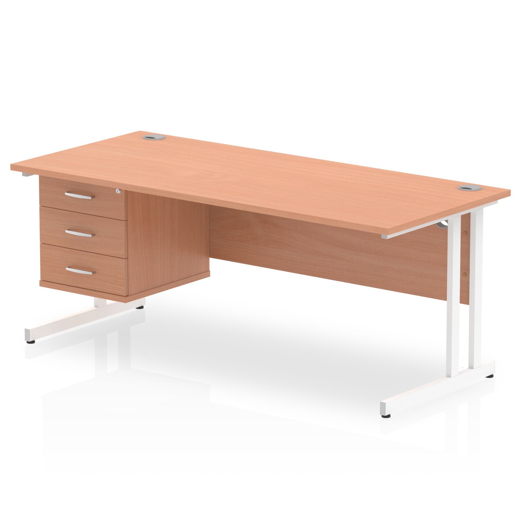 Dynamic Impulse W1800 x D800 x H730mm Straight Office Desk Cantilever Leg With 1 x 3 Drawer Single Fixed Pedestal Beech Finish White Frame - MI001703 DD