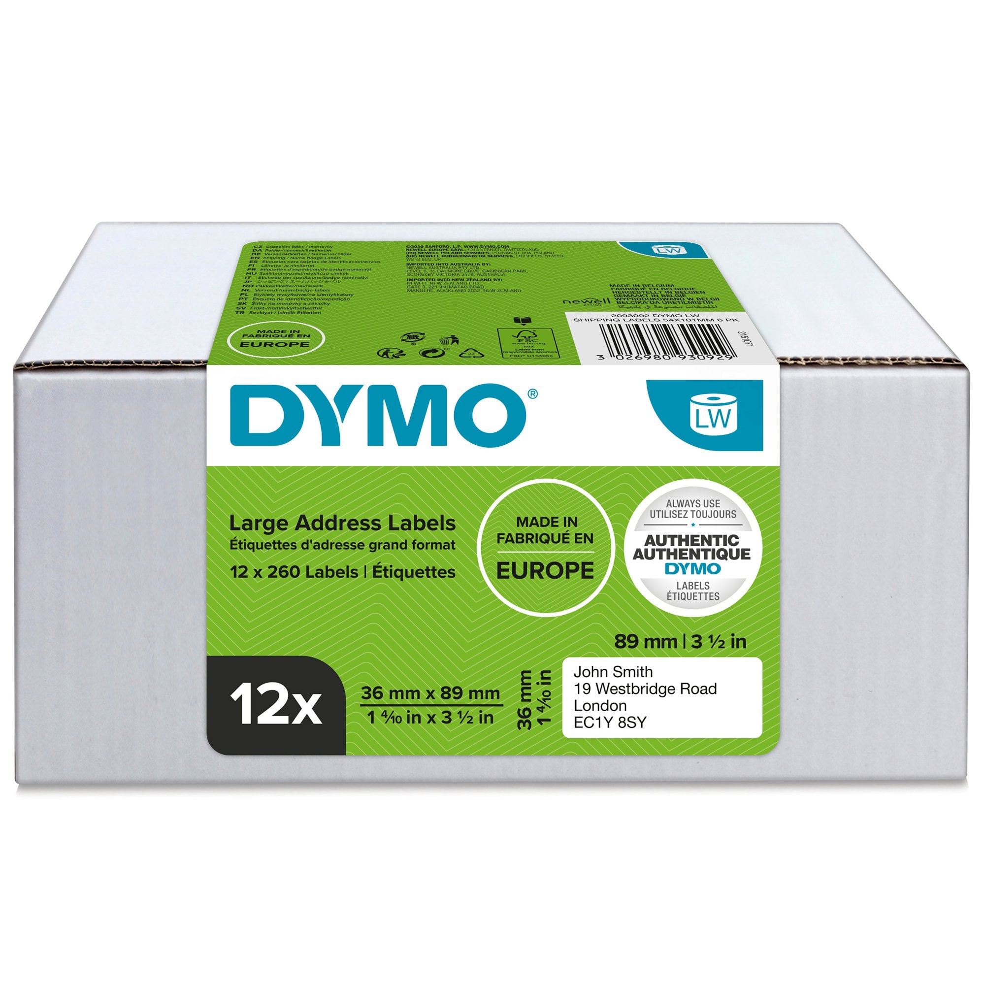 Dymo LabelWriter Large Address Label 36x89mm 260 Labels Per Roll White (Pack 12) - 2093093