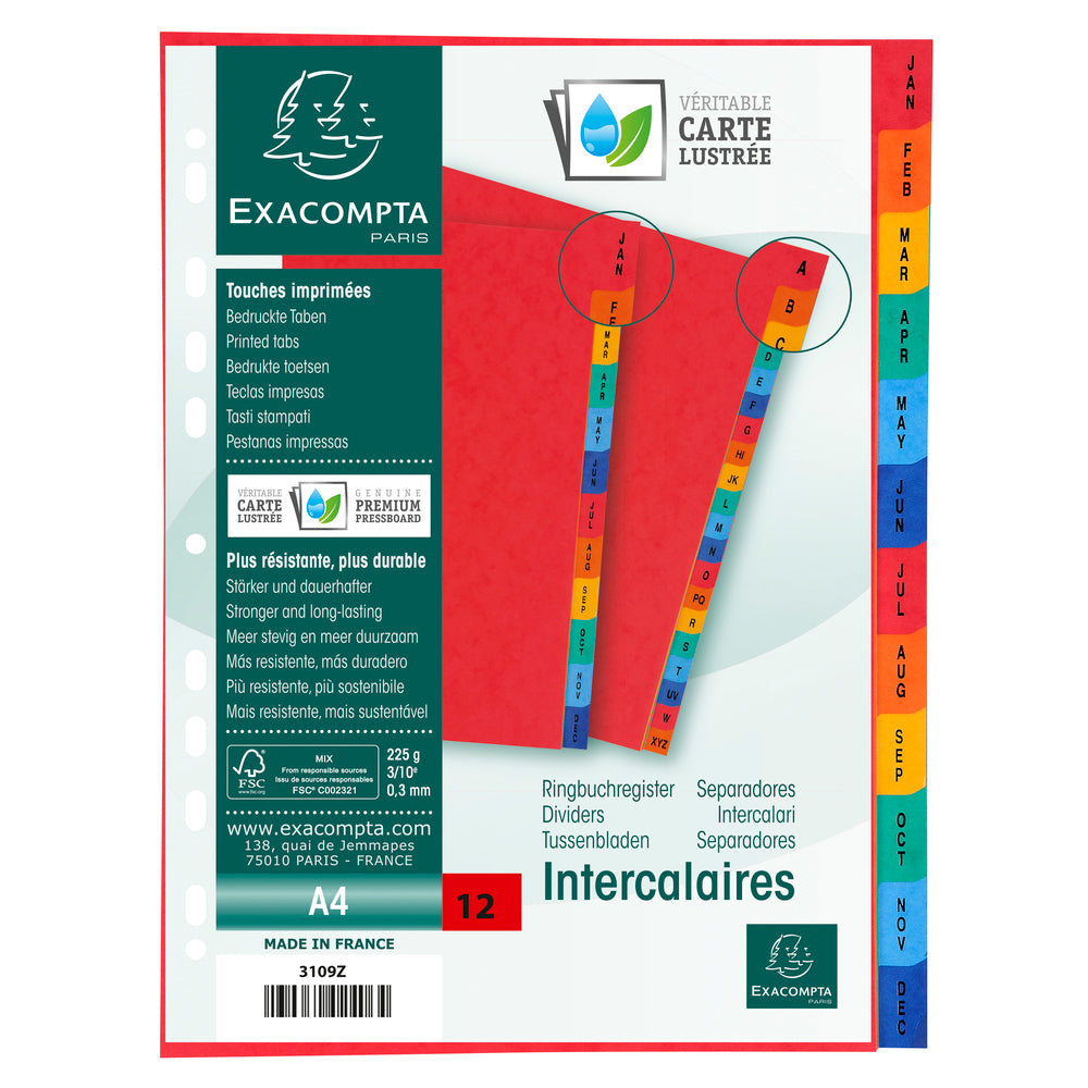 Exacompta Index Jan-Dec A4 225gsm Pressboard Assorted Colours - 3109Z