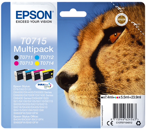 Epson T0715 Cheetah Black Cyan Magenta Yellow Standard Capacity Ink Cartridge Multipack 7.4ml + 3 x 5.5ml (Pack 4) - C13T07154012