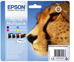 Epson T0715 Cheetah Black Cyan Magenta Yellow Standard Capacity Ink Cartridge Multipack 7.4ml + 3 x 5.5ml (Pack 4) - C13T07154012