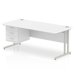 Dynamic Impulse W1800 x D800 x H730mm Straight Office Desk Cantilever Leg With 1 x 3 Drawer Single Fixed Pedestal White Finish Silver Frame - MI002216 DD