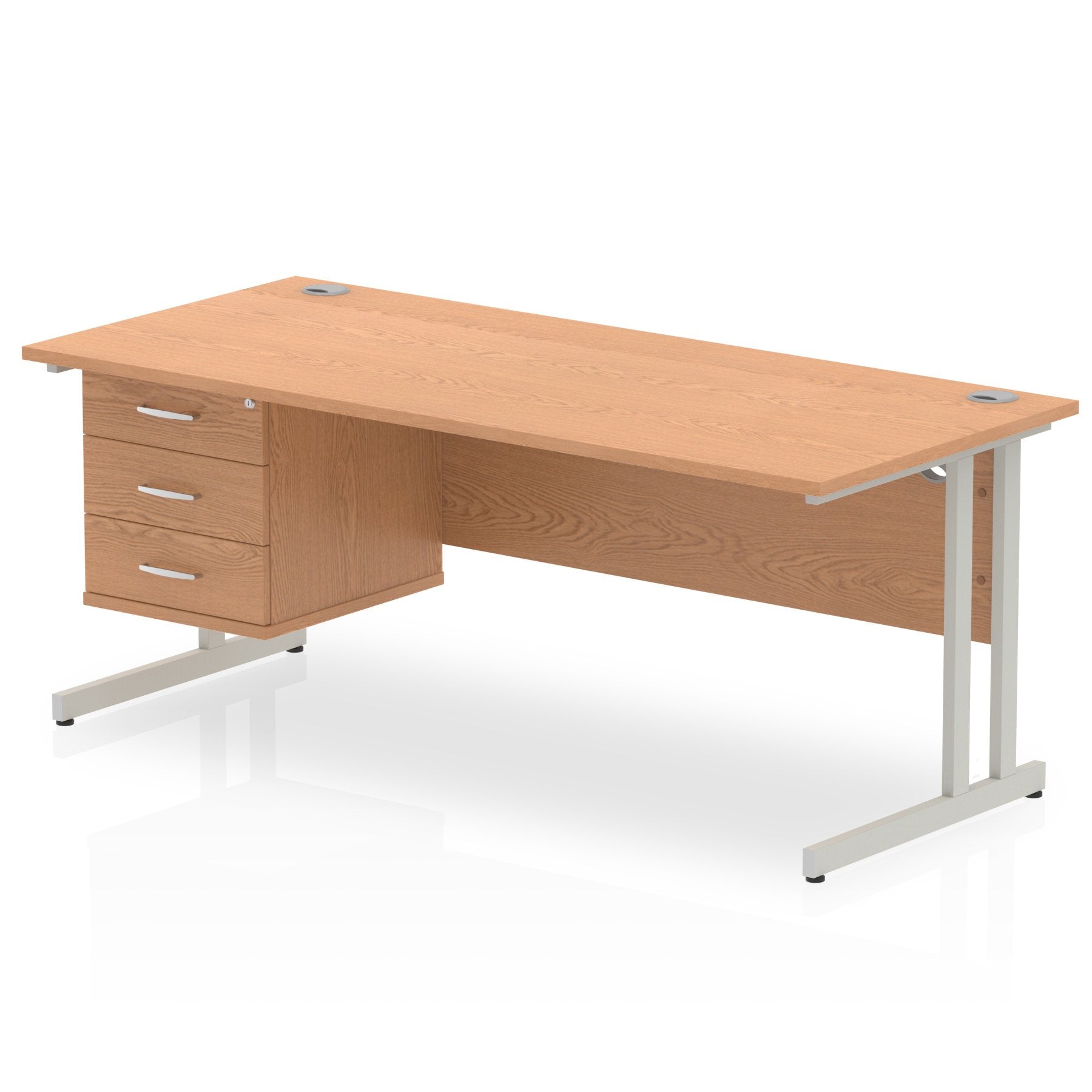 Dynamic Impulse W1800 x D800 x H730mm Straight Office Desk Cantilever Leg With 1 x 3 Drawer Single Fixed Pedestal Oak Finish Silver Frame - MI002668 DD