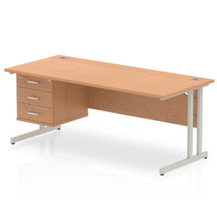 Dynamic Impulse W1800 x D800 x H730mm Straight Office Desk Cantilever Leg With 1 x 3 Drawer Single Fixed Pedestal Oak Finish Silver Frame - MI002668 DD