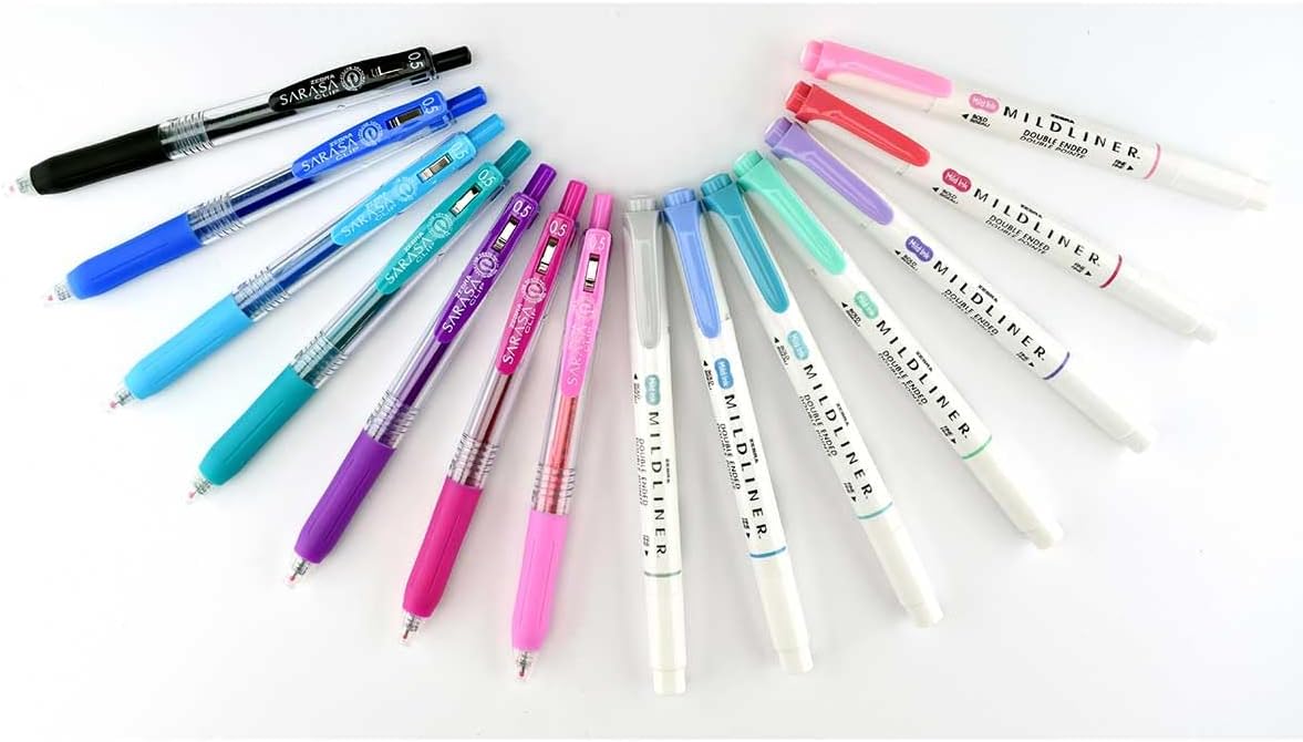 Zebra Mildliner dual tip highlighter and gel pen journaling set with colorful highlighters and sleek pens for note-taking and art.
