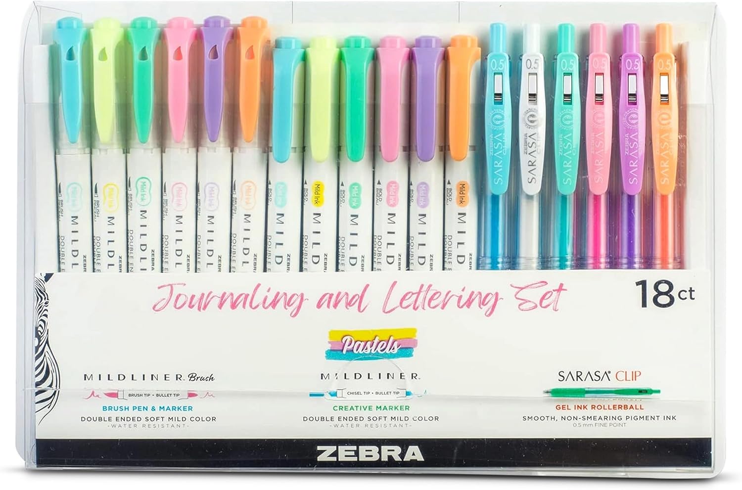 Zebra Pen Journaling & Lettering Set with 18 pens in various colors, ideal for creative writing and artistic lettering projects.