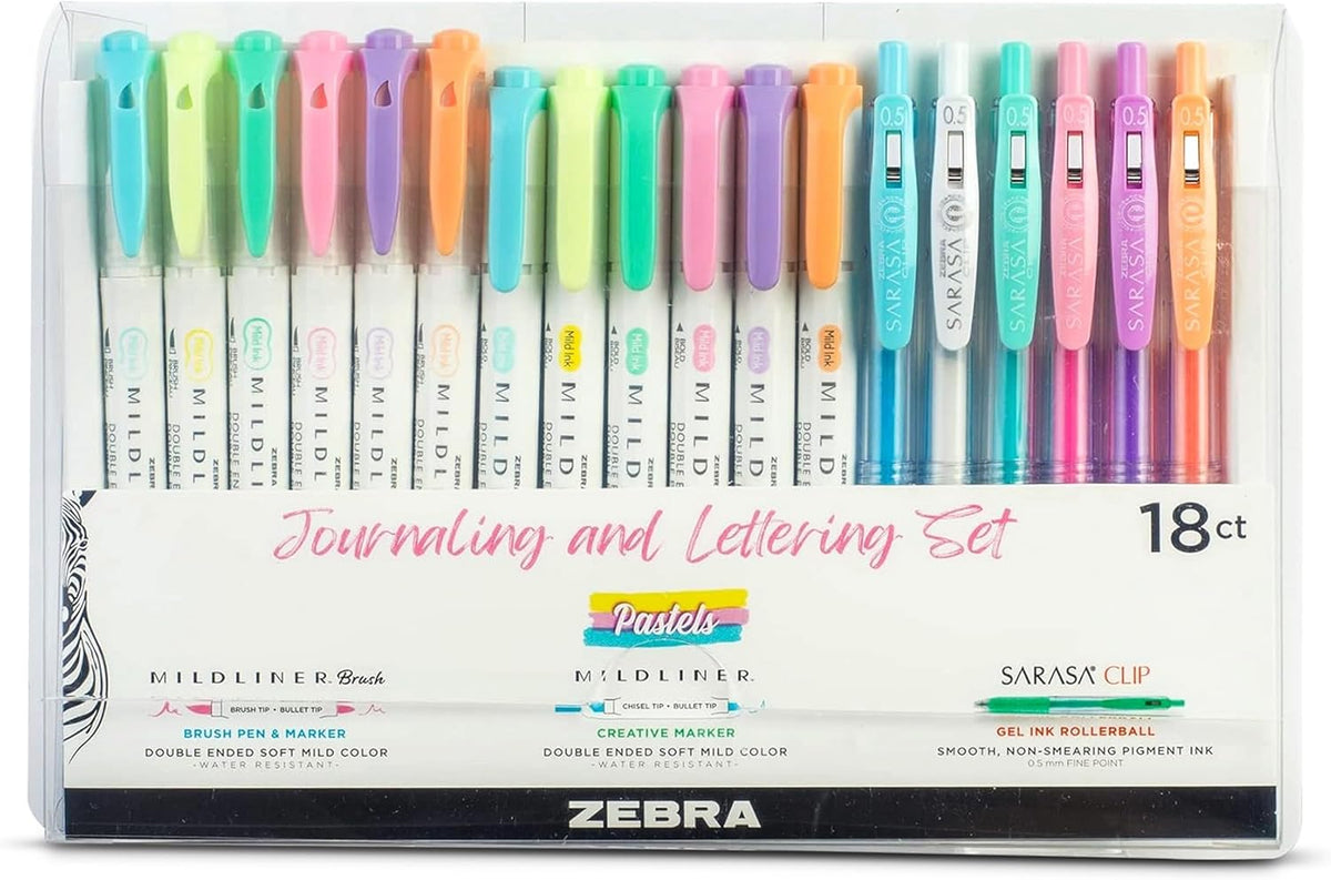 Zebra Pen Journaling & Lettering Set with 18 pens in various colors, ideal for creative writing and artistic lettering projects.