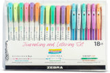 Zebra Pen Journaling & Lettering Set with 18 pens in various colors, ideal for creative writing and artistic lettering projects.