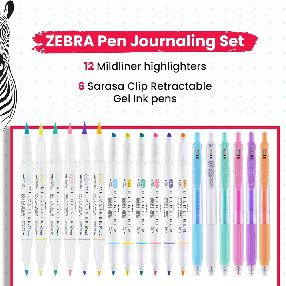 Zebra Pen Journaling & Lettering Set with 18 colorful pens for writing, drawing, and decorative lettering.