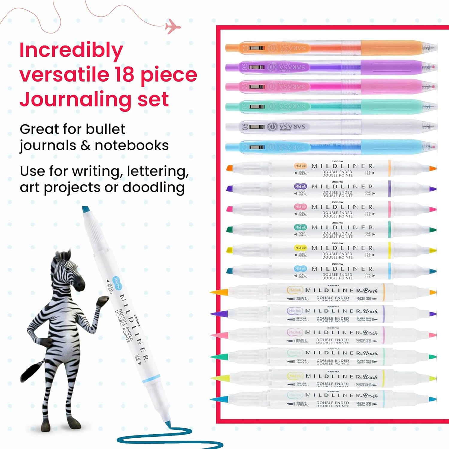 Zebra Pen Journaling and Lettering Set with 18 different pens for writing and artistic lettering, arranged on a white background.