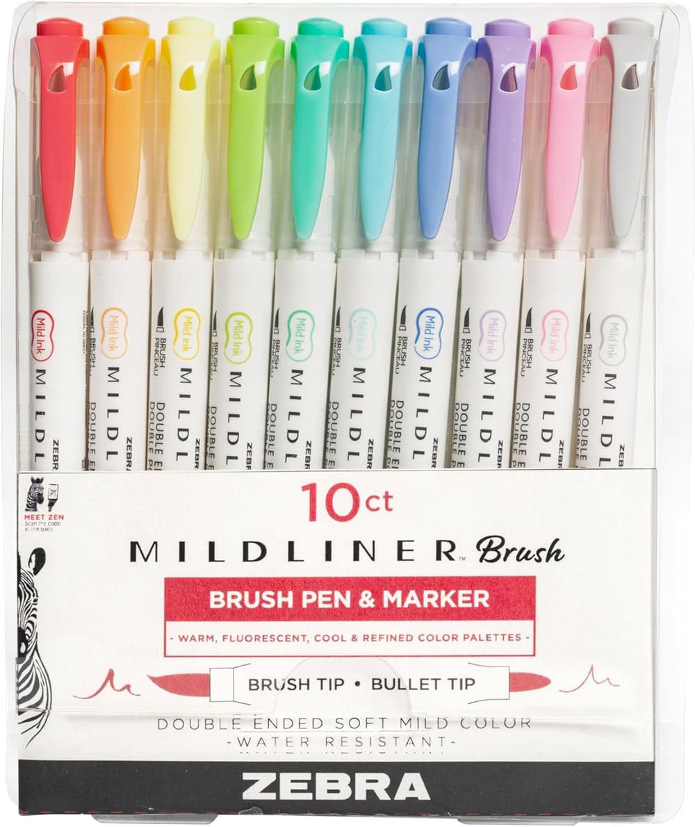 Set of 10 Zebra Mildliner dual tip brush and bullet markers showing colorful pens with chisel and fine tips.