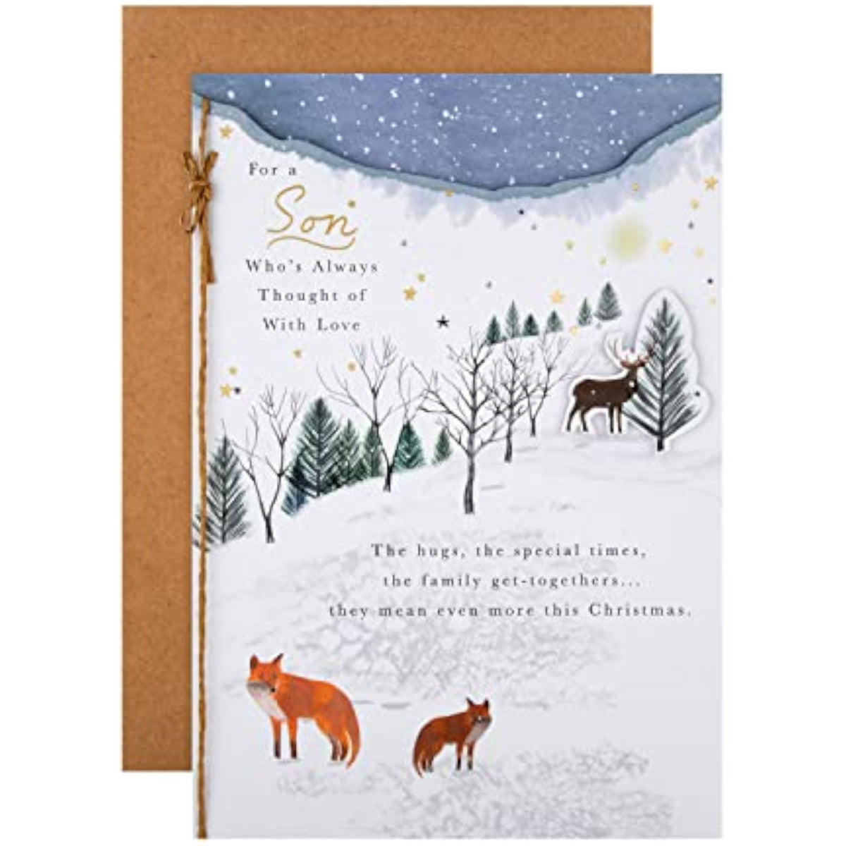 Son Christmas Greeting Card with Traditional Winter Foxes Illustration and Festive Design