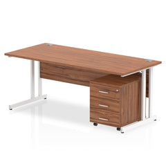 Impulse Cantilever Straight Office Desk W1800 x D800 x H730mm Walnut Finish White Frame With 3 Drawer Mobile Pedestal - I003961 DD