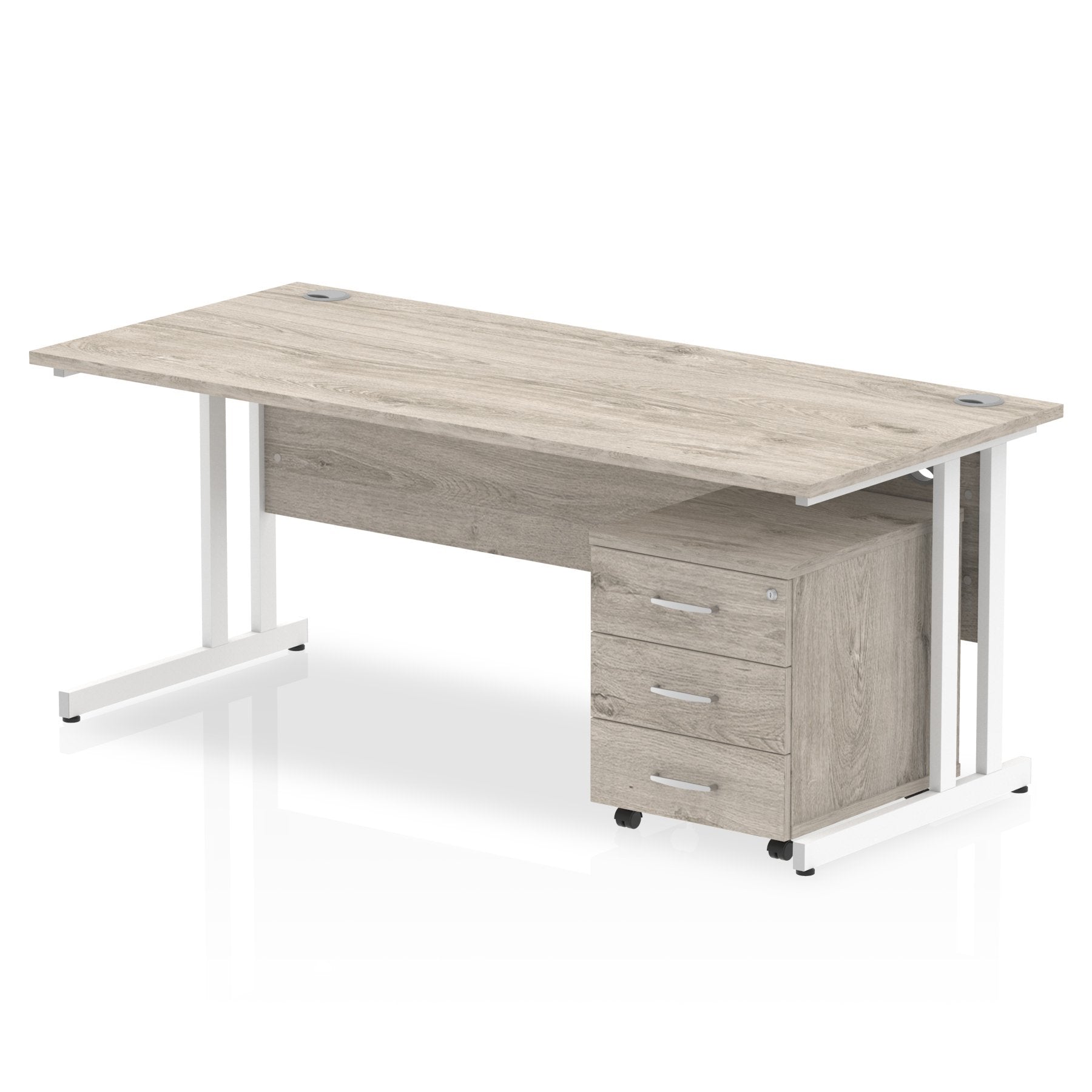 Impulse Cantilever Straight Office Desk W1800 x D800 x H730mm Grey Oak Finish White Frame With 3 Drawer Mobile Pedestal - I003804 DD