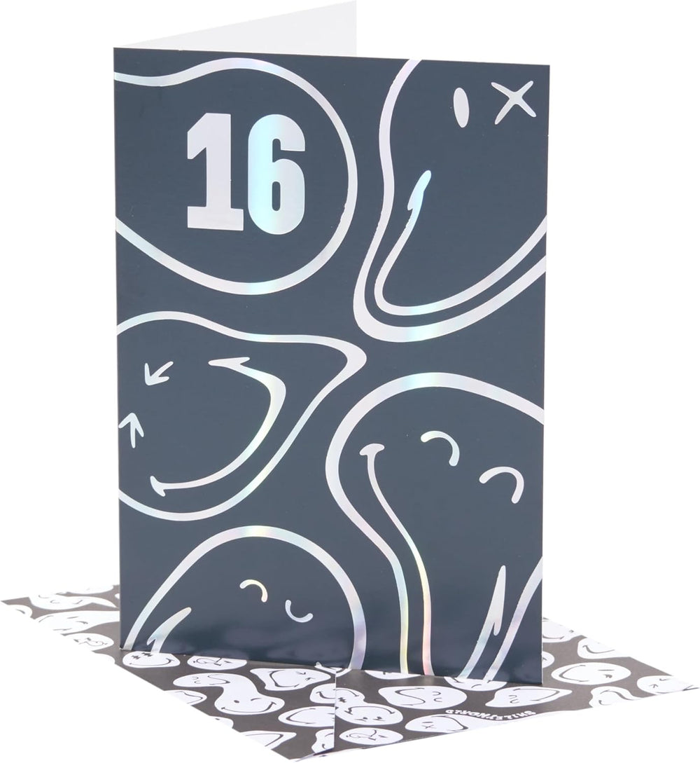 Smiley World 16th Birthday Card – Silver Foil Design, Fun & Trendy Teenage Celebration Greeting