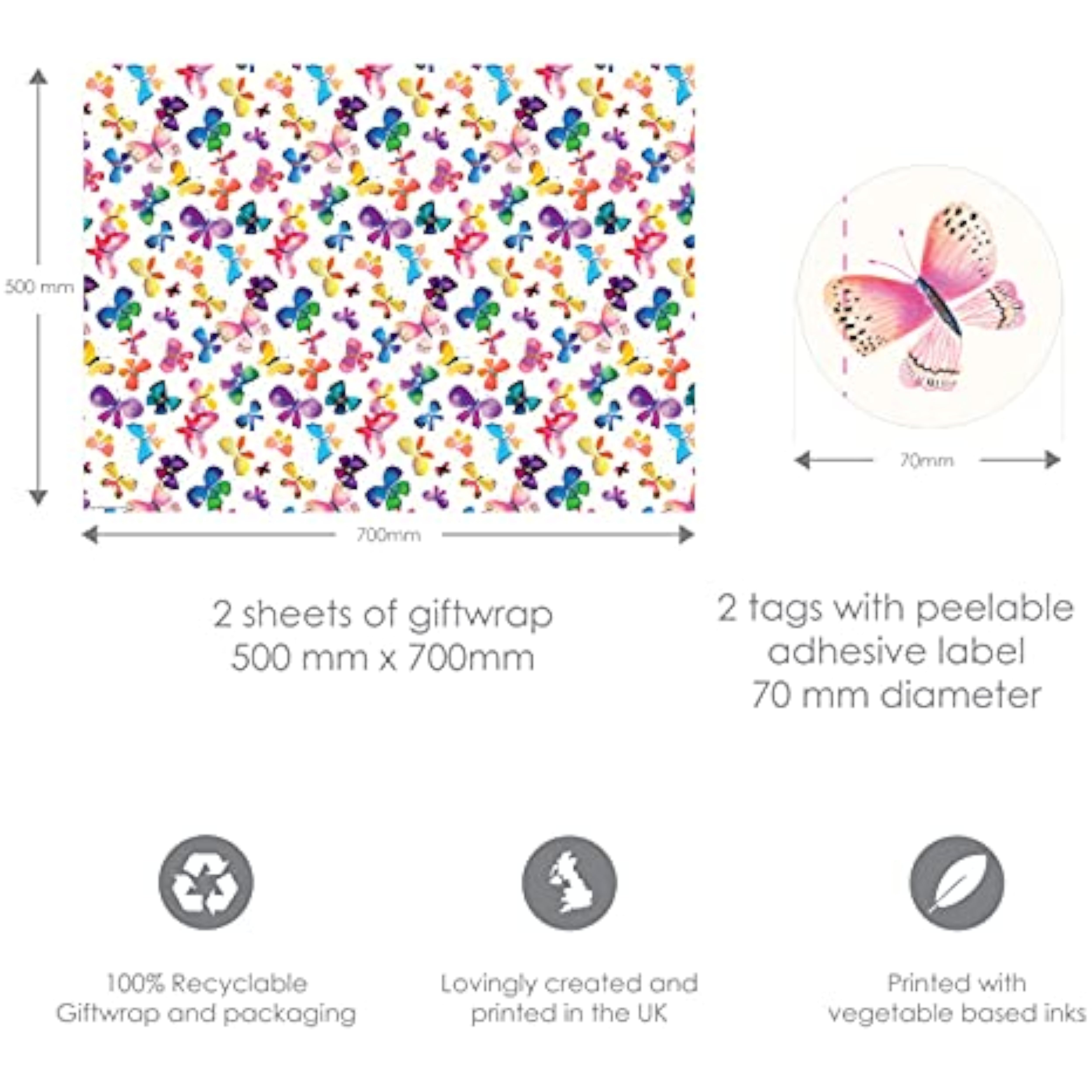 Butterflies Gift Wrap 2 Sheets & 2 Tags
