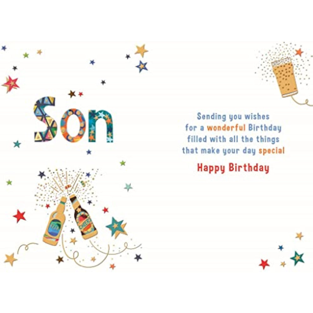 Nigel Quiney Contemporary Male Relation 'Happy Birthday' Greeting Card - Son Cheers - From The Party Time Range - With A Gold Foil Finish